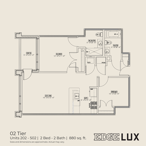 A floor plan for a 2 bedroom, 2 bathroom apartment sized 880 sq. ft.